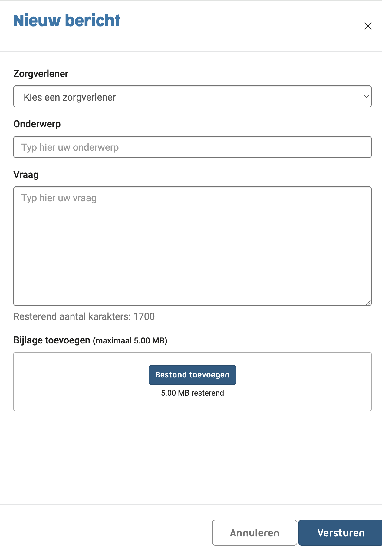 Patientenportaal Berichten invulscherm Invulscherm van een nieuw bericht in het patientenportaal