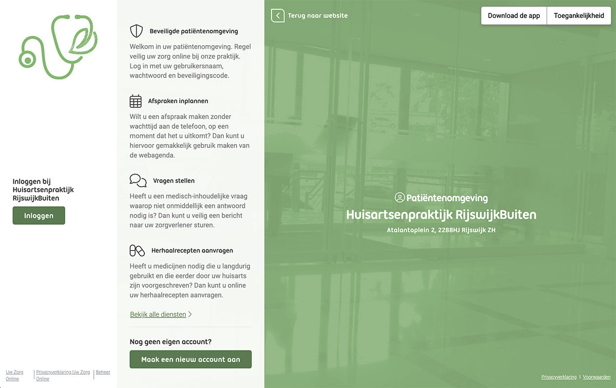 Patientenportaal Huisartsenpraktijk RijswijkBuiten 1200x756 Beeld van het startscherm van het Patientenportaal Huisartsenpraktijk RijswijkBuiten